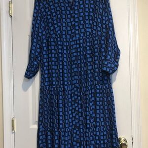 Boden Blue Geometric Long Sleeve Tiered Dress